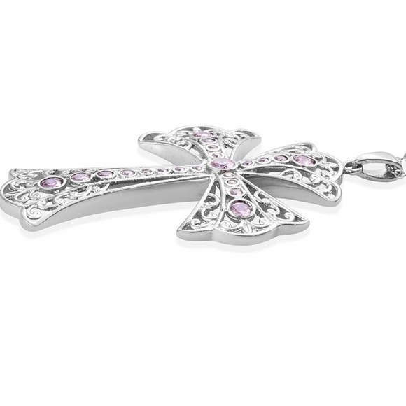 Simulated Pink Diamond Cross Necklace - Picture 3 of 7